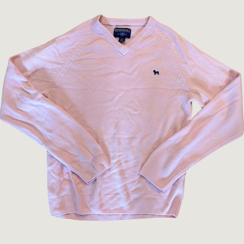 Aeropostale V-Neck Sweater‎ Size L Dog Logo Acrylic Knit Classic Pink
